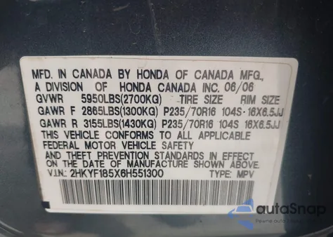 2006 Honda Pilot Ex-L из США, поврежденный, VIN 2HKYF185X6H551300